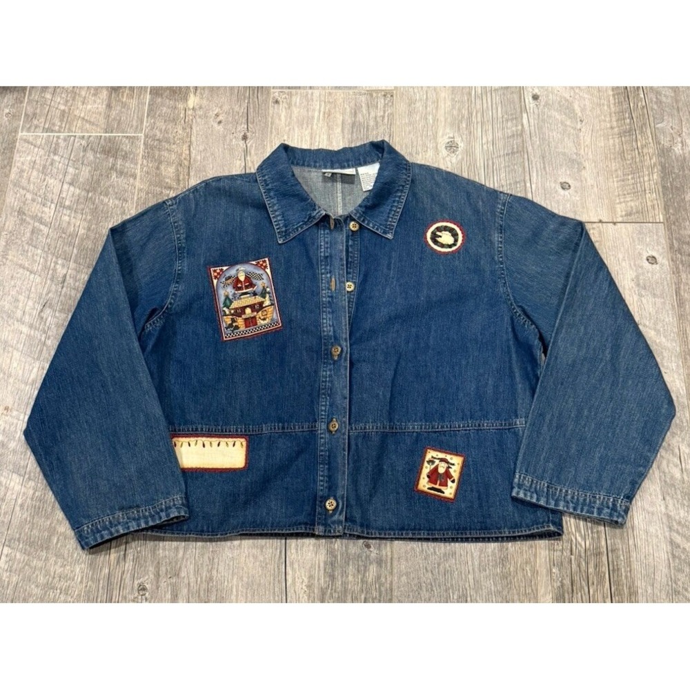 Studio Ease Jacket Denim Patch Work Christmas Siz… - image 1